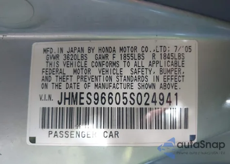 2005 Honda Civic Hybrid from USA, damaged, VIN JHMES96605S024941